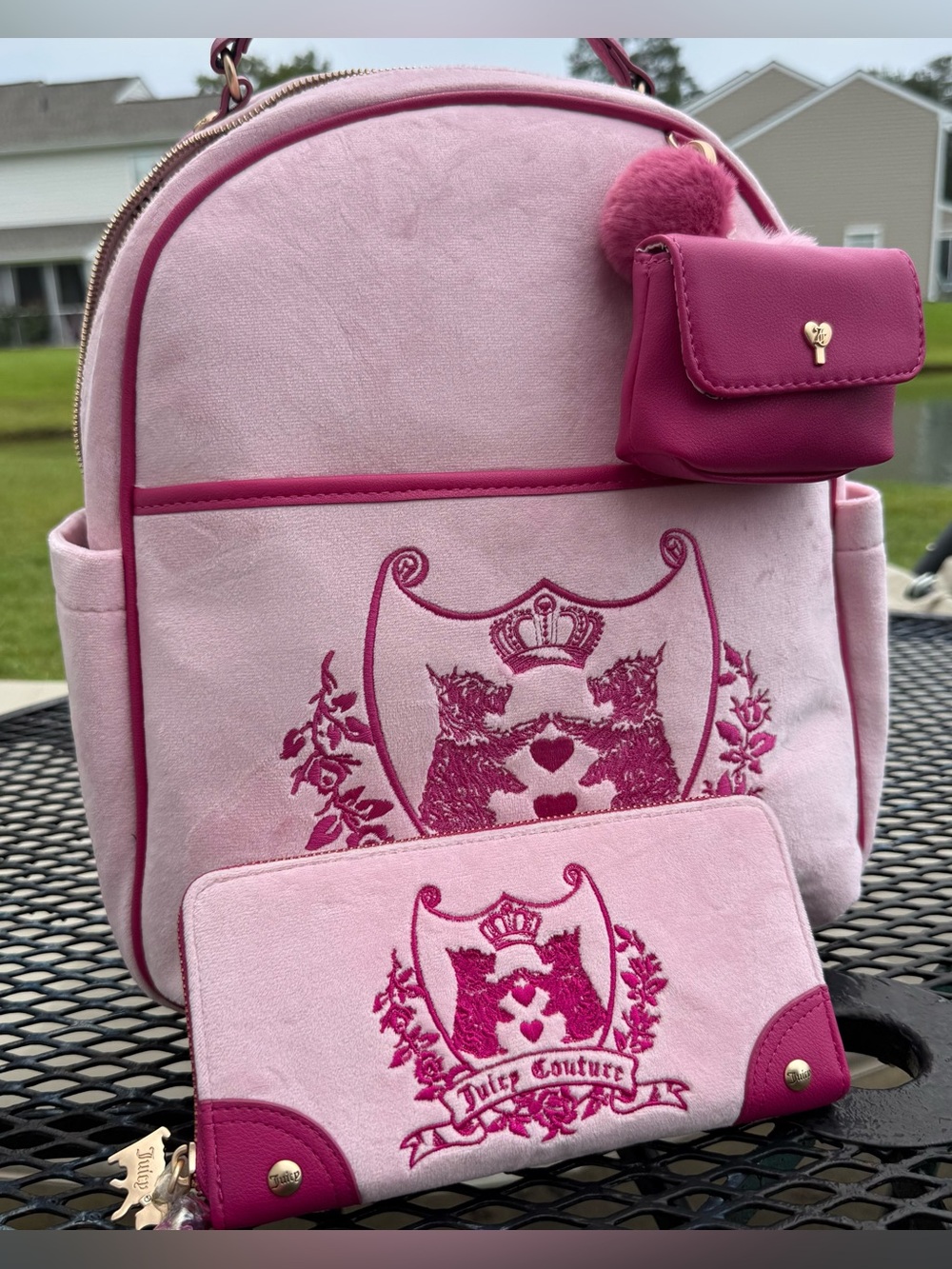 Juicy Couture Light Pink Velvet Backpack Set with Dark Pink Trim Scottie wallet